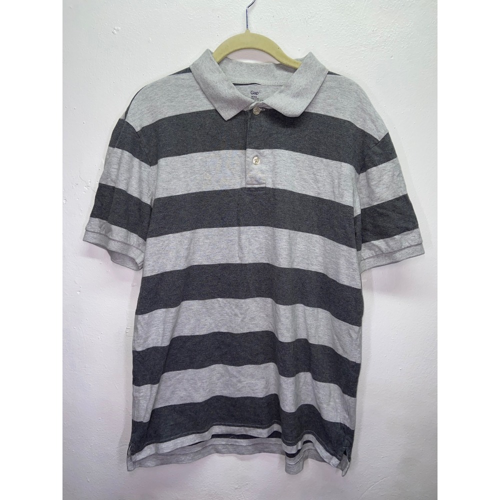 Gap Mens L Gray Striped Short Sleeve Cotton Pique Polo Shirt Casual Preppy Retro